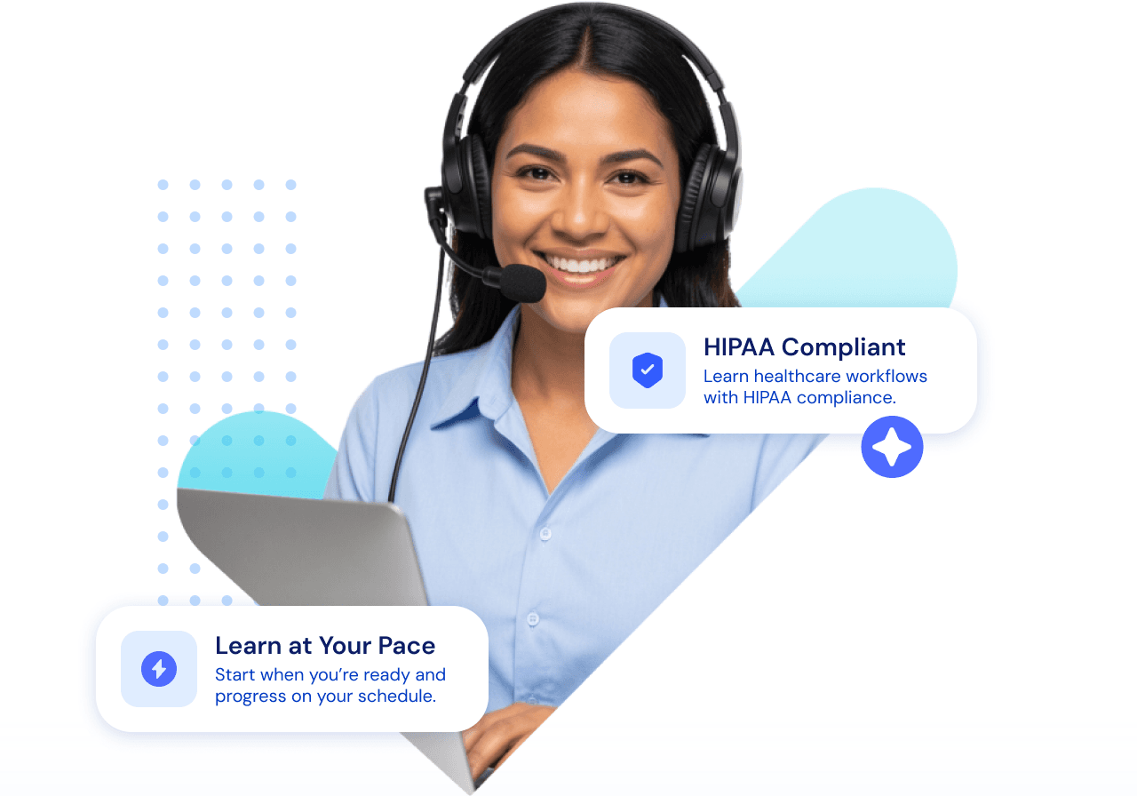 A healthcare virtual assistant working at a laptop with a headset